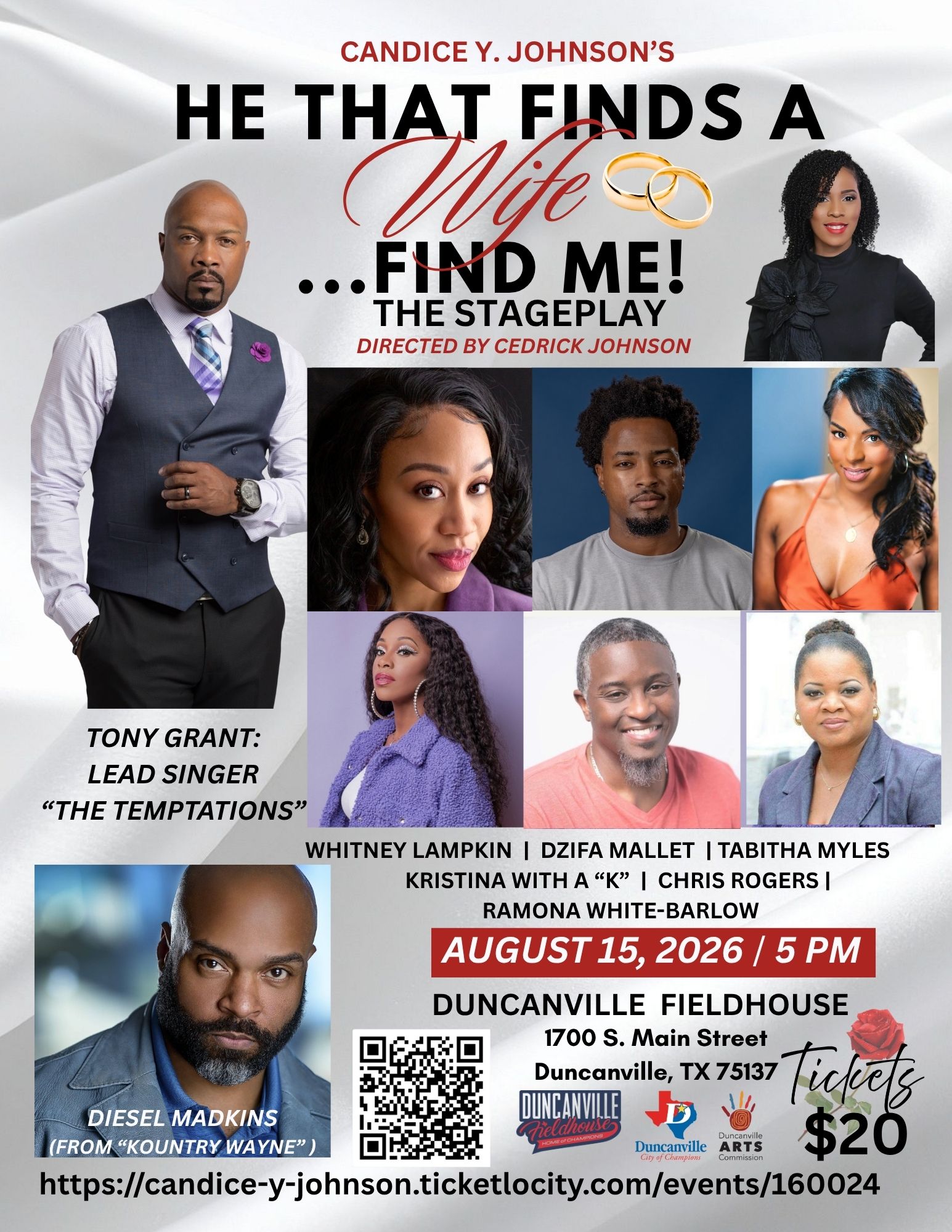 Flyer for He That Finds a Wife…Find Me! The Stageplay, August 15, 2026 at 5 PM at Duncanville Fieldhouse. Tickets are $20. Jewel of the Ny will be vending.